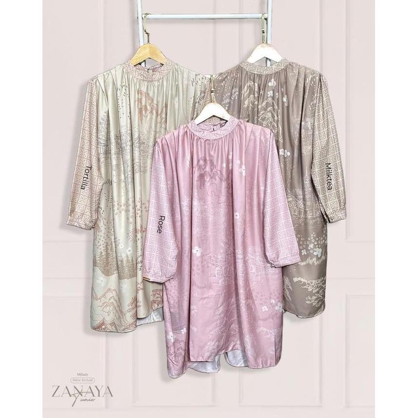 Mylady Hijab Zanaya Tunik  muslim  wanita Cantik Navy Silk Nyaman Atasan Simple Dewasa Panjang