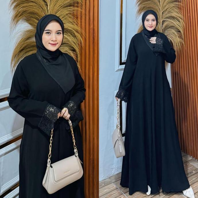GALERI SICANTIK - COD - Gamis Abaya Hitam Polos Renda Tangan Busui Bahan Jetblack Terbaru