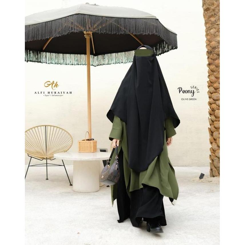 Peony Series Gamis Set Outer Polos Setrip By Alfi Huraiyah Tanpa Khimar Brown Crinkle