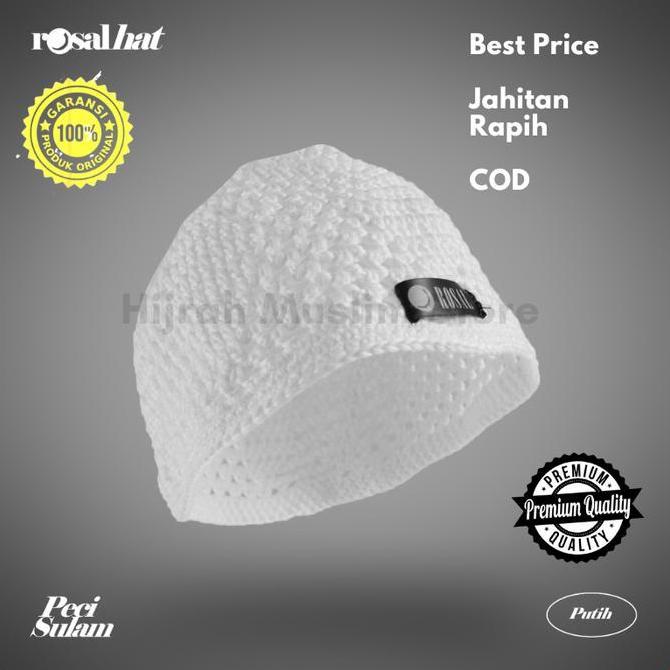 ROSAL Peci Rajut Rosal Hat / Peci Sulam / Kopiah Songkok Putih Rajut Tebal Polos