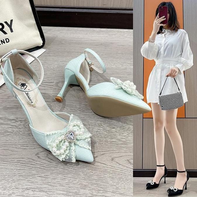 Flash Sale Pinkey P326 - Sepatu Stiletto High Heels Wanita Hak Tinggi 7Cm Biru Putih Hitam Shoes Pes