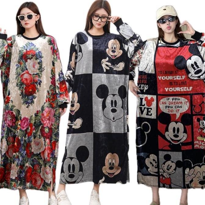 Mbgx- Dress Big Size Velvet Bludru Panjang Jumbo Semata Kaki Wanita Casual