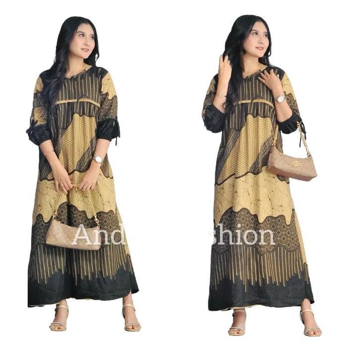 Davina Dress Premium Bahan Rayon Tebal untuk Wanita Busui - Muslim, Gamis Motif Samping Hitam Katun 