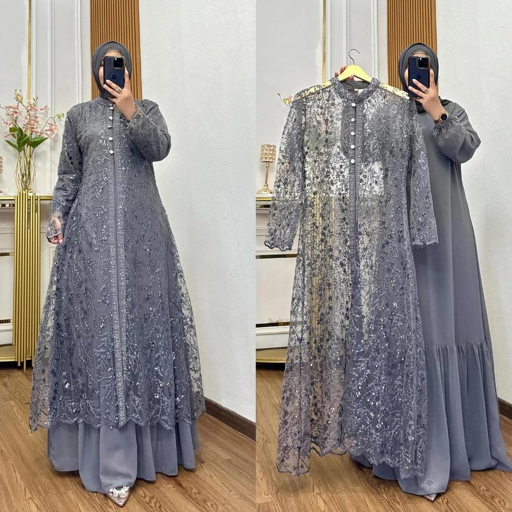 LESHIA Maxi Dress Gamis Pesta Mewah Elegan Set Outer Brokat Premium Baju Kondangan Wanita Kekinian