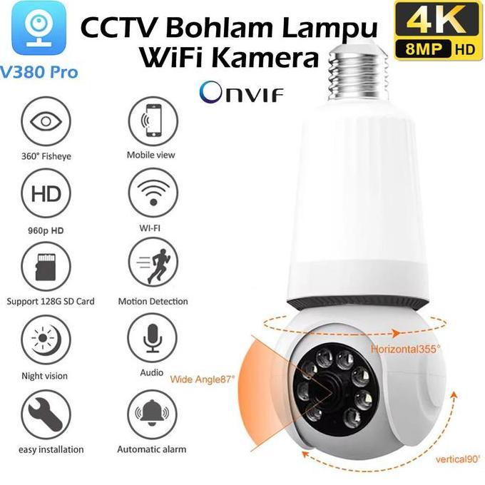 Scurycam- 8Mp Cctv Wifi Ip E27 Lamp Bulb Bohlam Lampu Kamera Q26 App V380 Pro Led Camera Support Onv