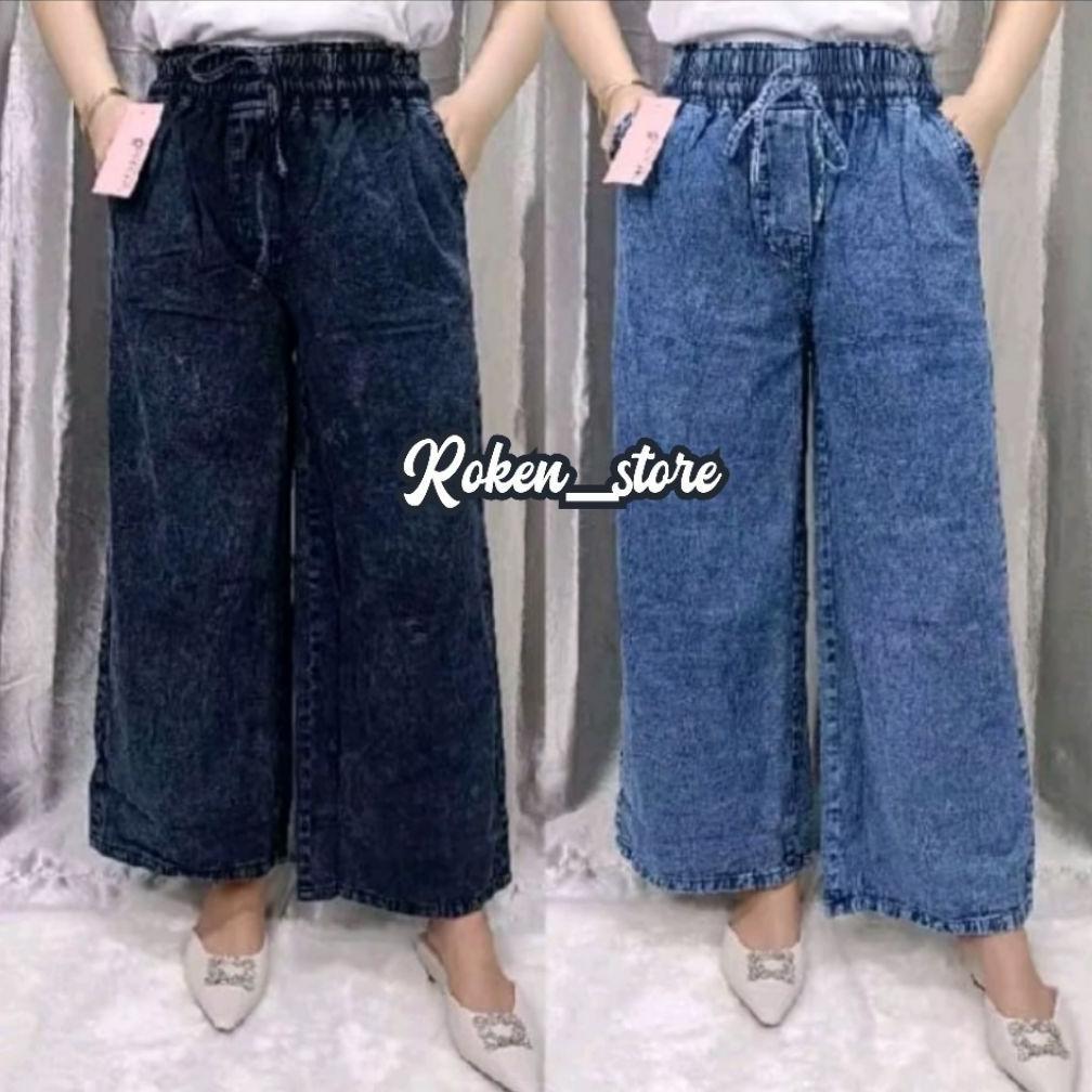 PREMIUM KULOT JEANS WANITA JUMBO PINGGANG KARET DENIM