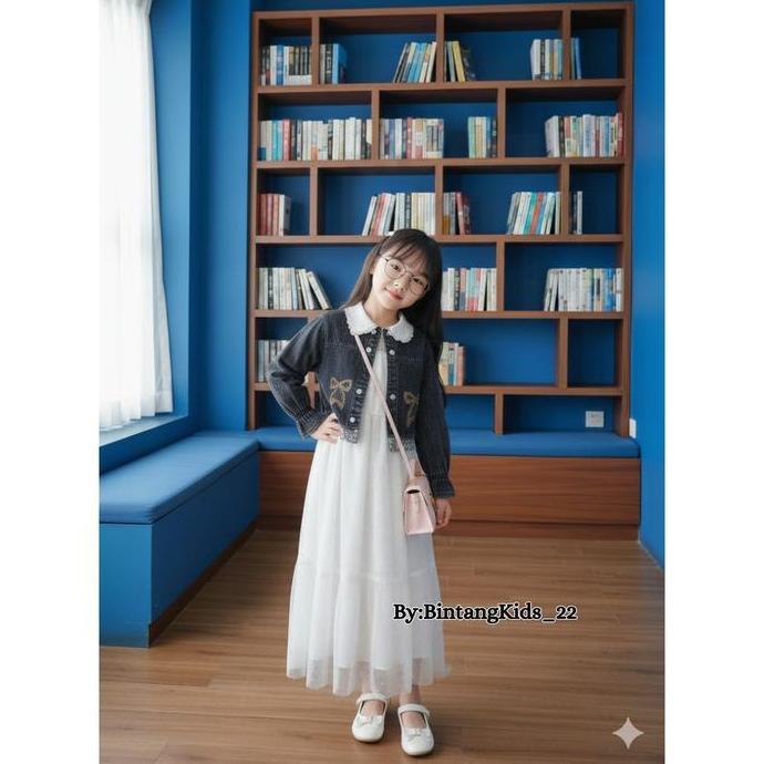 Termurah / Hot Sale Aurel Gamis Rompi Jeans Usia Anak 3-10 Tahun Bahan Jeans Mix Brukat - Gamis Anak