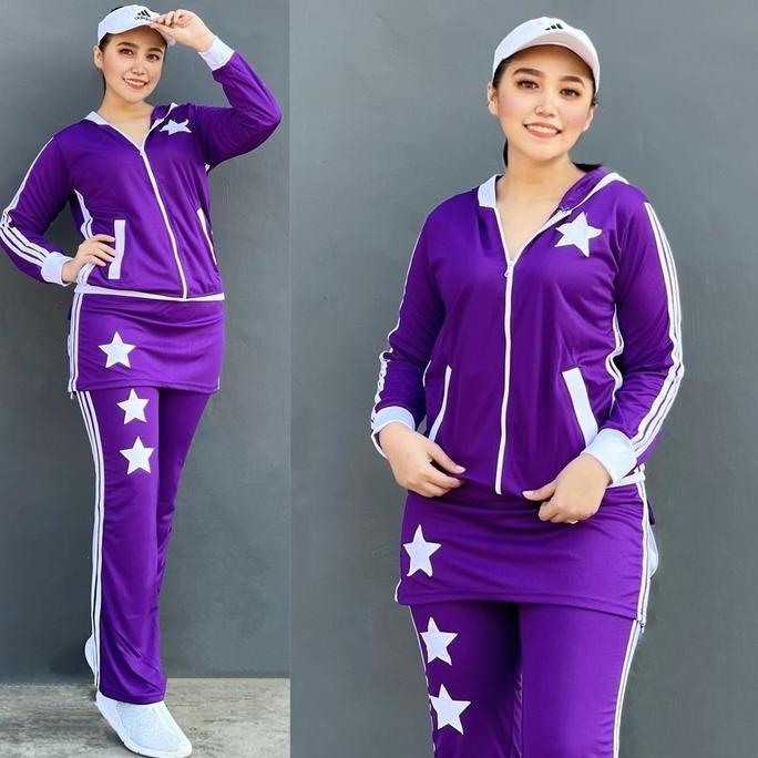 Baju Senam Aerobic Zumba Gym Stelan Olahraga Panjang Hijab Muslim Rok Bintang Ungu List Putih