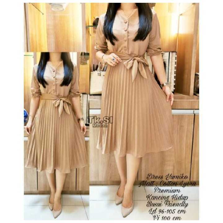 FAVORIT (MURAH) Dress Midi Wanita Terbaru / Dress Plisket Cotton Premium Combi / Dress Korea