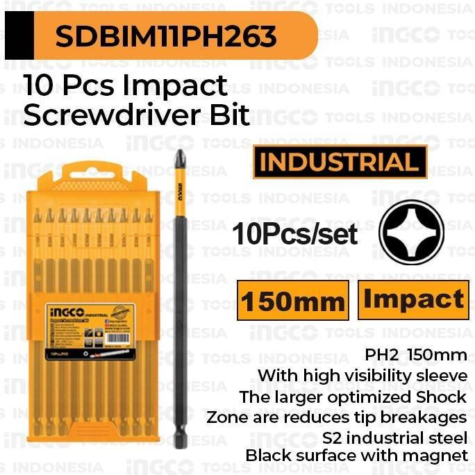Promo 10-Pcs Impact Screwdriver Bit (PH2 150mm) INGCO SDBIM11PH263 Mata Obeng Plus Panjang Magnet Ma