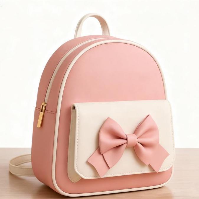Tas Ransel Wanita Cantik - Tas Sekolah & Anak - Tas Dewasa dengan Pita Cantik - Warna Pink & Putih -