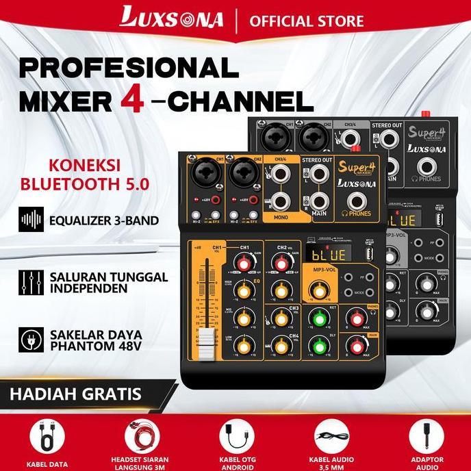 rizkashop99 - luxsona mixer audio 4 channel profesional mini mixer amplifier sound card usb bluetoot