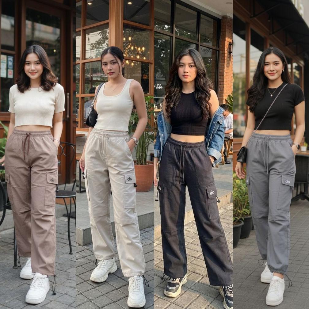 best seller celana panjang kulot highwaist cargo wanita bordir alo