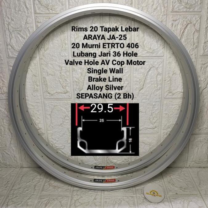 Rims Velg 20 Murni ARAYA JA25 ETRTO 406 Lubang 36H Rim Alloy Single Wall Tapak Lebar Silver Sepeda L
