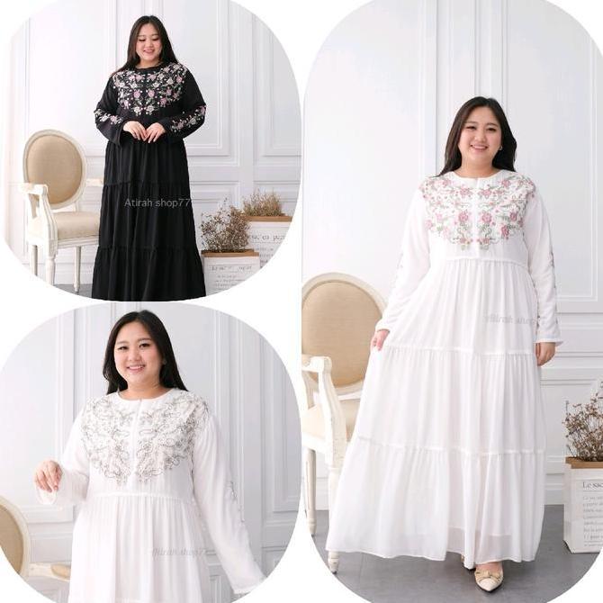 gamis putih jumbo wanita Ld125cm bordir terlaris