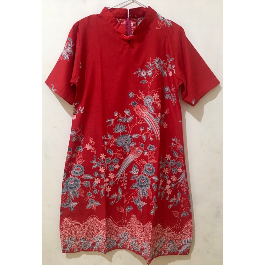 Dress Cheongsam Size M Baju Imlek Merah Batik Motif Burung Pipit Preloved Sekali Pakai