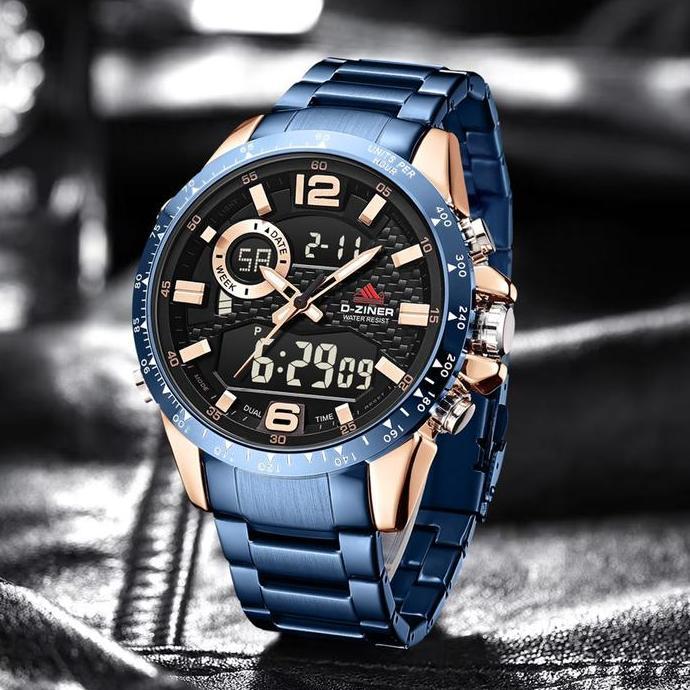 Dziner Jam tangan Pria 8306 Double Time Rantai Stainless Steel Water Resistant 3 ATM terlaris