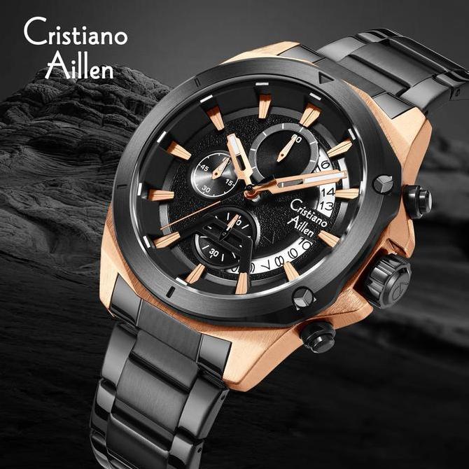 Cristiano Aillen Jam Tangan Pria Analog 8896 Rantai Stainless Steel Chronograph Kaca Sapphire Water 