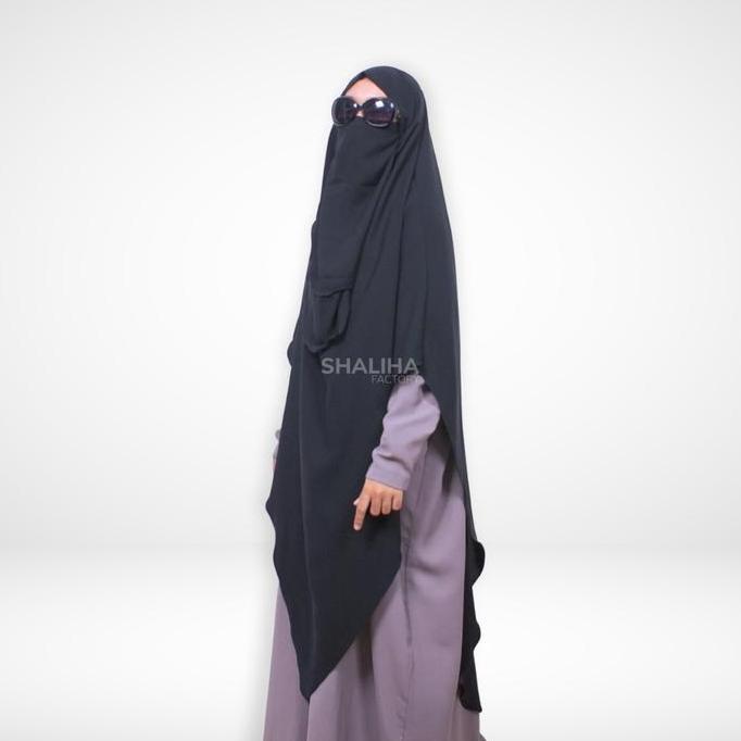 ShalihaFactory Mina French Khimar Slim Long V Oval Shape Jet Black Premium Jilbab Instan Syari Wanit