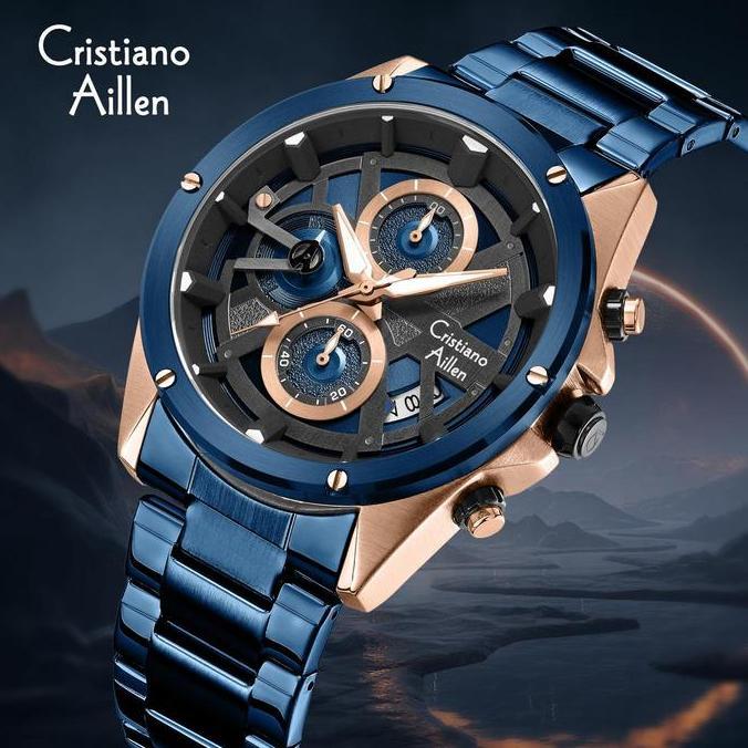 Cristiano Aillen Jam Tangan Pria Analog 8895 Rantai Stainless Steel Chronograph Kaca Sapphire Water 