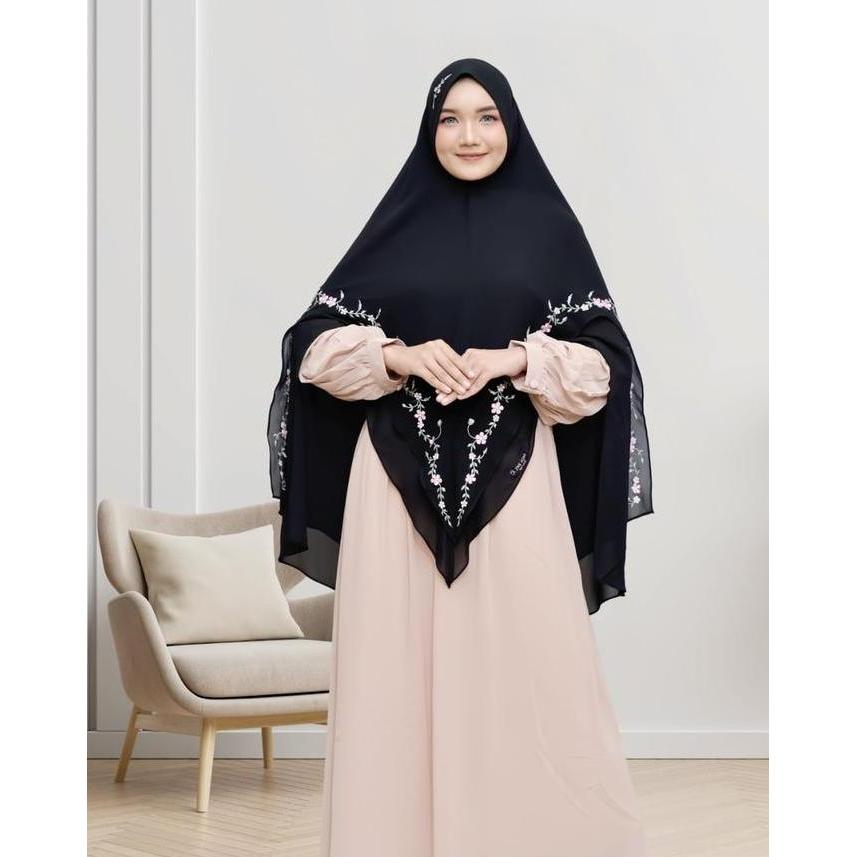 Jilbab Syari Bordir Khimar Ceruty Babydoll Premium 2 layer Kerudung Jumbo Syari Bordir Ceruti Panjan