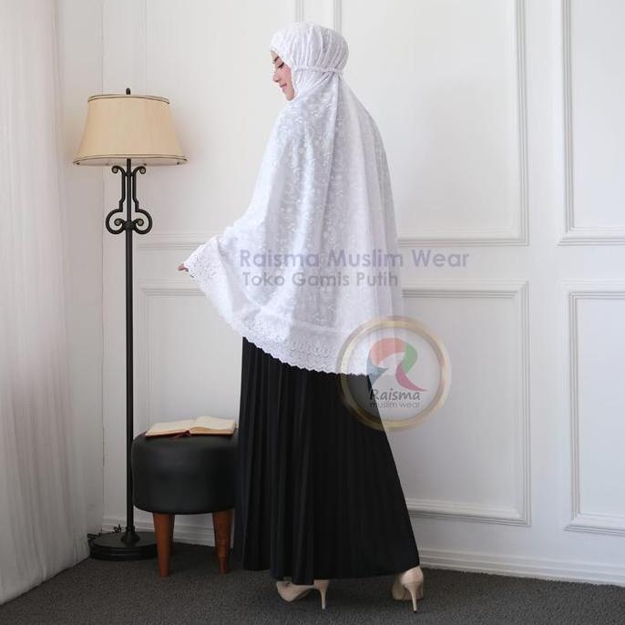Raisma - Kerudung Bergo Umroh Muslim Premium Warna Putih Hitam Katun Jepang Motif Bordir Panjang 125
