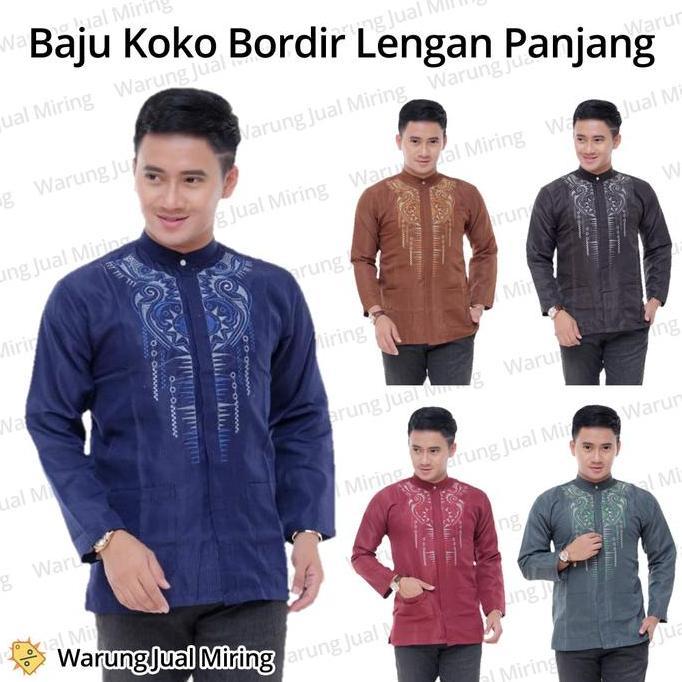 Baju Koko Lengan Panjang Bordir Klasik Kemeja Formal Kantong Polos Dobby Kokoh Tangan Adem Dewasa Pr