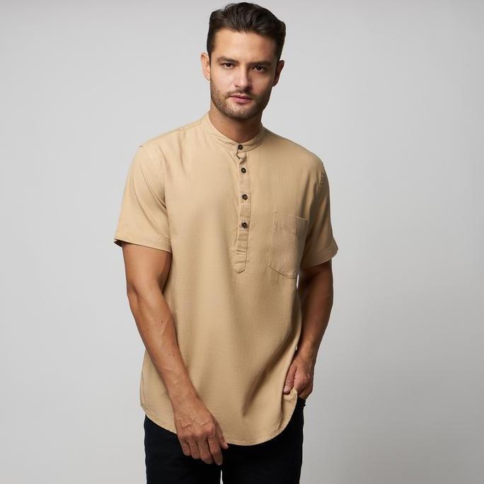 Kemeja linen peter nation kerah sanghai wangki warna khaki