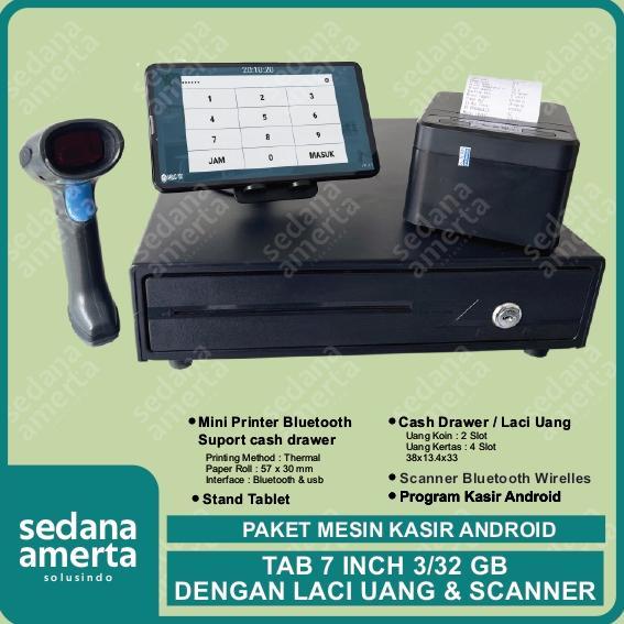 NEW PORODUK PAKET MESIN KASIR ANDROID POS TABLET/TAB 7 INCH 3/32GB - PAKET LENGKAP : TAB, LACI UANG/