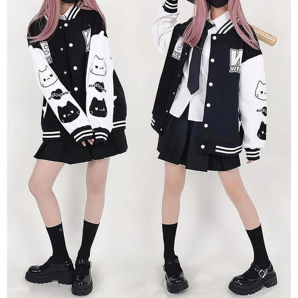 FREE ONGKIR BLACK WHITE BASEBALL JAKET VARSITY WANITA | VARSITY JAKET KOREAN STYLE | BASEBALL JAKET