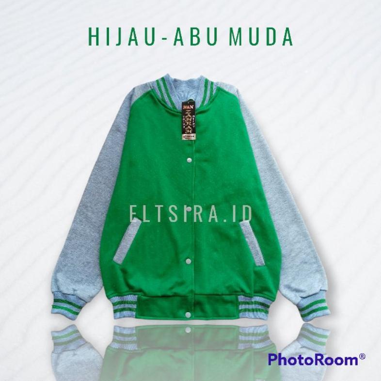 DISKON JAKET VARSITY / BASEBALL WANITA PRIA POLOS || HIJAU - HITAM