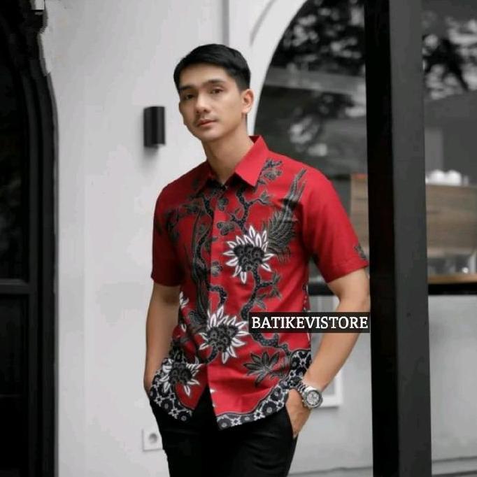 Termurah / Hot Sale Batikevistore Matahari Merah Kemeja Batik Pria Slimfit Lengan Pendek Lapis Furin