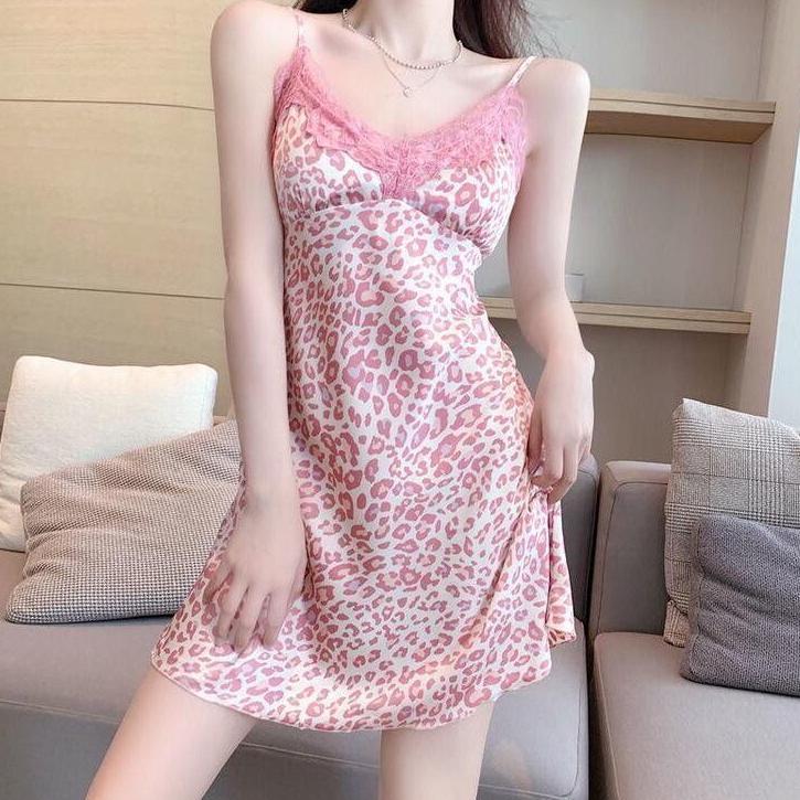 PAKET HEMAT RELAX HOME [COD] Pink Leopard Sexy Suspender Rok Tidur Renda Wanita Dengan Bantalan Dada