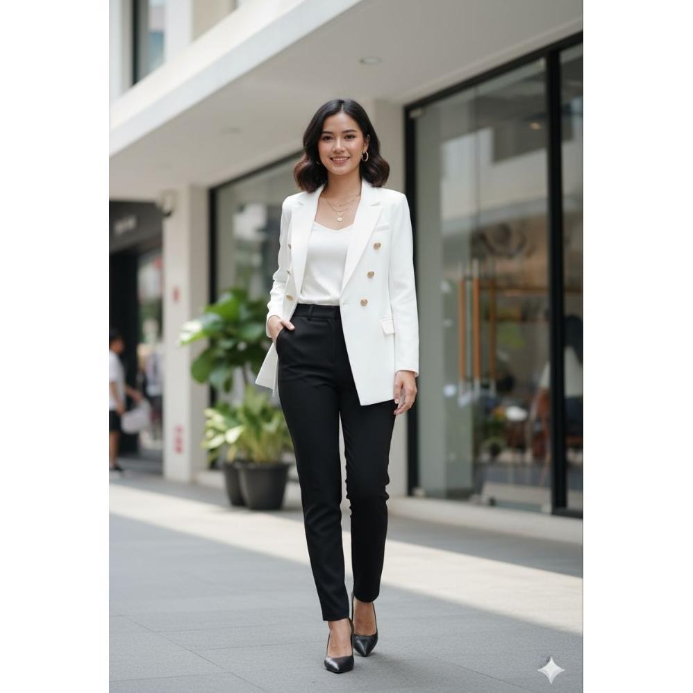 DISKON JAS DOUBLE BREASTED PUTIH WANITA FORMAL SEMI FORMAL BLAZER PUTIH KERJA WANITA FORMAL SEMI FOR