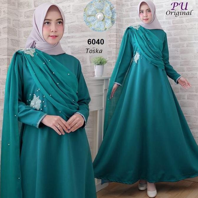 5320 Gamis biru muda soft pastel gamis terbaru hias mutiara murah 5819