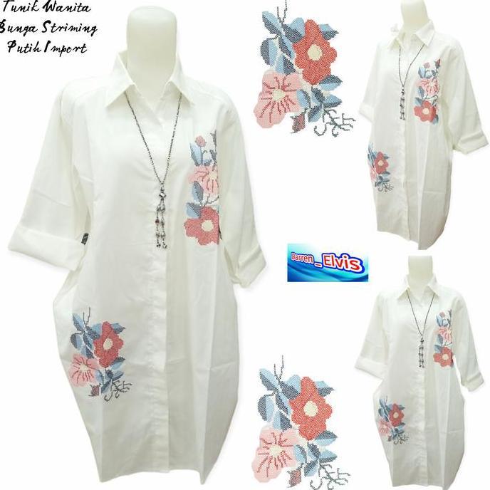 Tunik Putih Wanita Import // Best Seller // Bordir Bunga Striming 001 terlaris