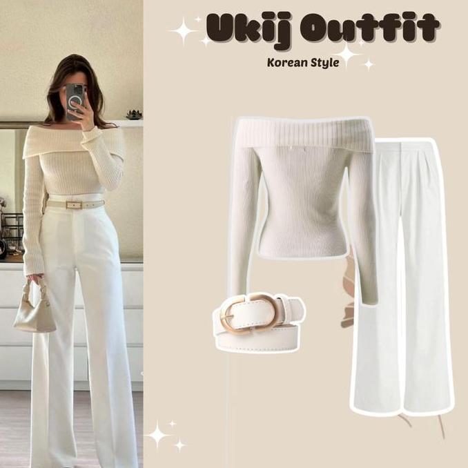 Ginfinik- Setelan Wanita Rajut Beige Dan Celana Kulot Putih Dengan Ikat Pinggang One Set Gaya Korea 