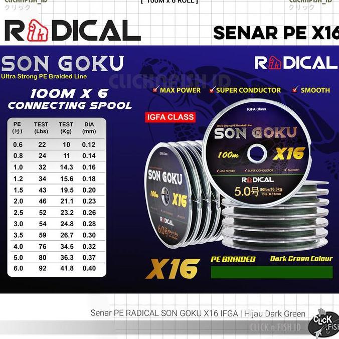 Senar PE RADICAL SON GOKU X16 100M CONNECTING| Hijau Lumut Dark Green