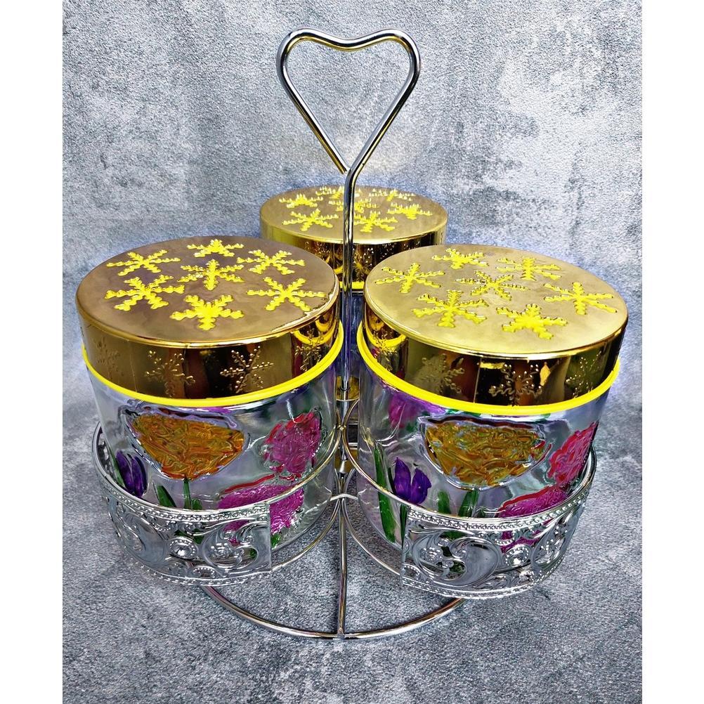 TOPLES KUE CANTIK SET ISI 3 KACA BENING + KERANJANG SILVER (TOPLES LEBARAN)