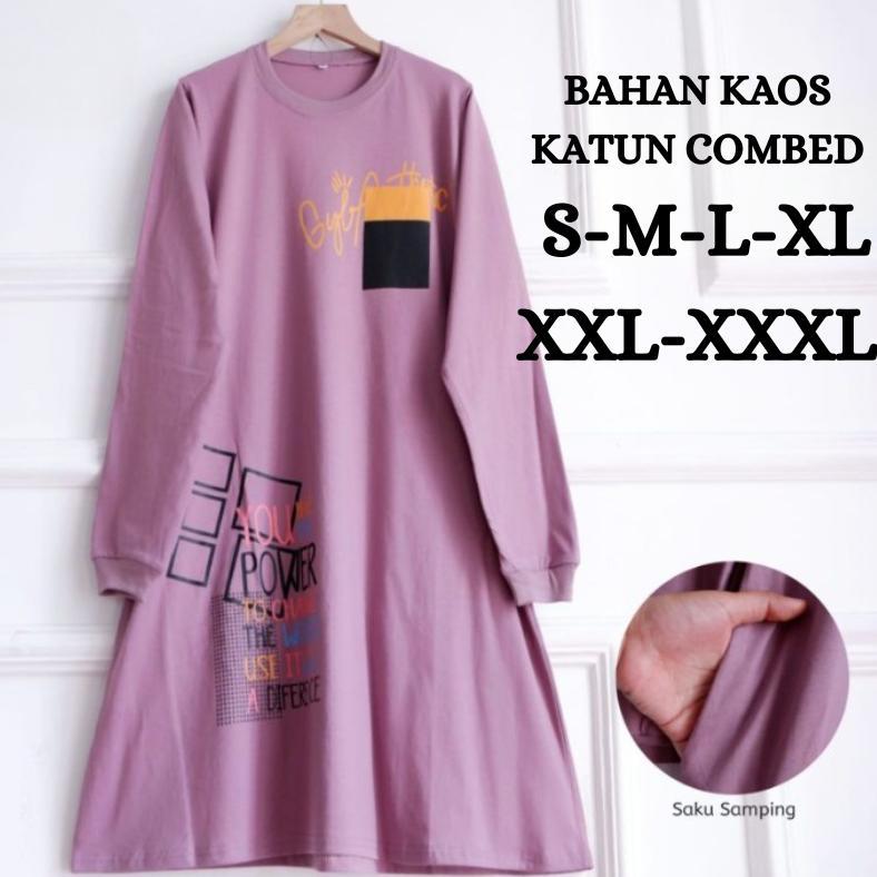 Tunik Kaos Wanita Power Tunik BO Size S M L XL XXL XXXL LD 90-130 CM Bahan Kaos Katun Combed Aplikas