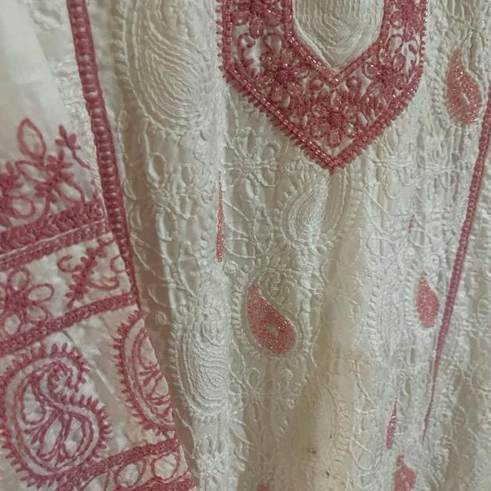 Laqueens One Set Kurta India Chikankari Putih Pink Pakistan Bordir Setelan Wanita Remaja Dewasa Leba