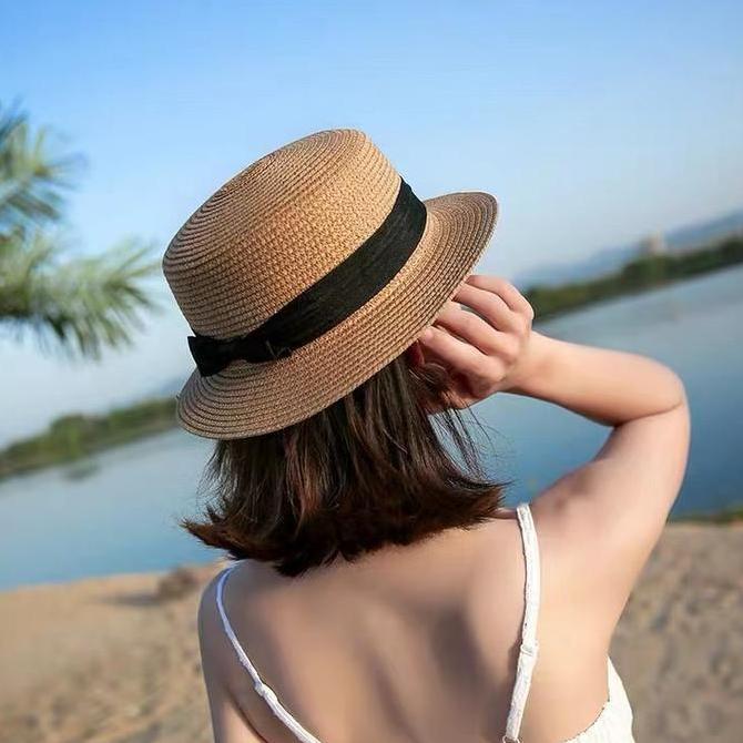 Papipapu- Topi Jerami Wanita Bulat Musim Panas Anti Uv Gaya Korea - Hat Summer Women Import Topi Raj