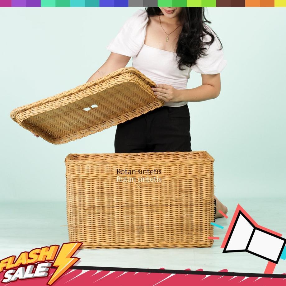 [ZR] Keranjang Laundry Bentuk Box Warna Natural Rotan Alami / Keranjang Baju Kotor Dengan Tutup Serb