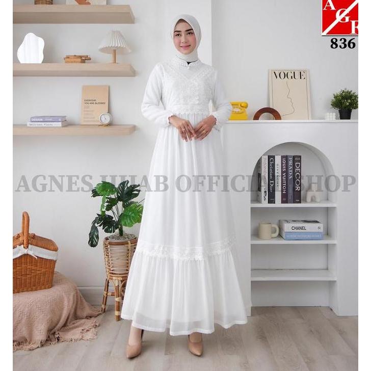 AGF - Gamis Putih Baju Muslim Wanita Pengajian Gaun Pesta Mewah Simple Elegan Aesthetic Remaja Kombi