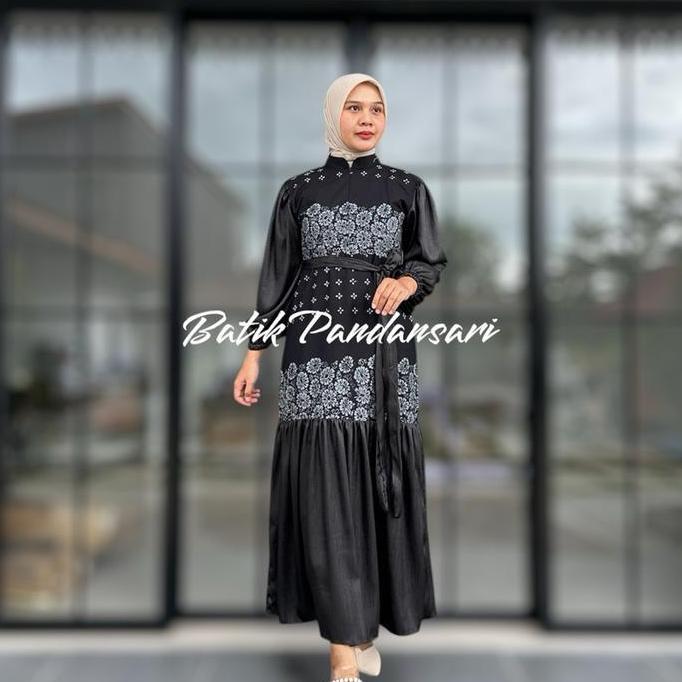 Gamis Bunga Hitam Fatimah Dress Batik Bahan Katun Kombinasi Rayon Twill