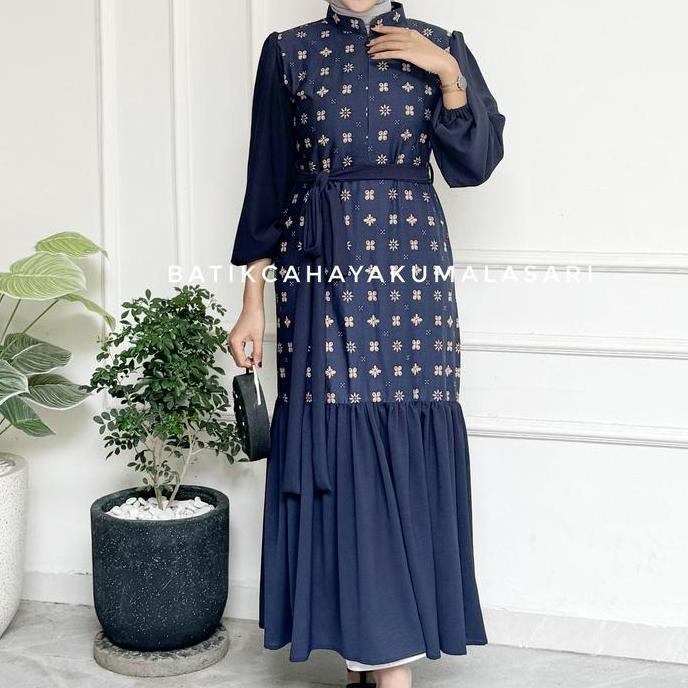 Dress Batik Wanita Kombinasi Crinkle Airflow Motif NATASYA NAVY - Gamis Lebaran Wanita Muslim Biru N