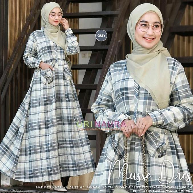 MUSSE DRES - GAMIS KEKINIAN DRES KOTAK KOTAK BAHAN KATUN HARUKA BY ANNAIRA.ID Muslim Nyaman Panjang 