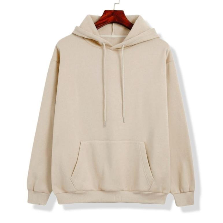 Sweater Hoodie Pria Distro Fleece Tebal Polos Cream