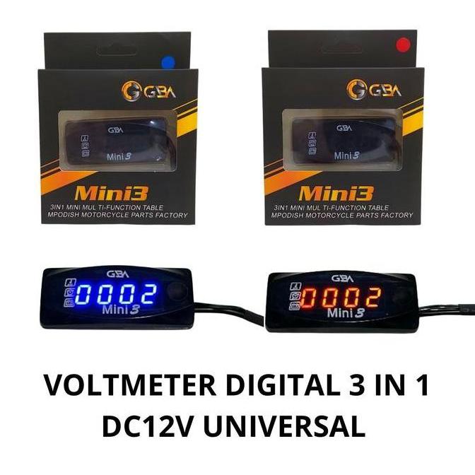 Foxc- Gba Voltmeter Digital Mini3 3In1 Pengukur Aki Motor & Suhu Jam Digital Dc12V Universal Led Bir
