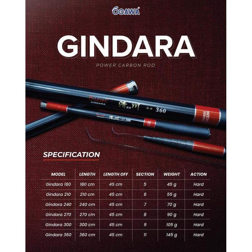 Ogawa Joran Tegek Gindara 180-360 cm Kaku Hard Power Carbon Rod dengan Berbagai Pilihan Panjang